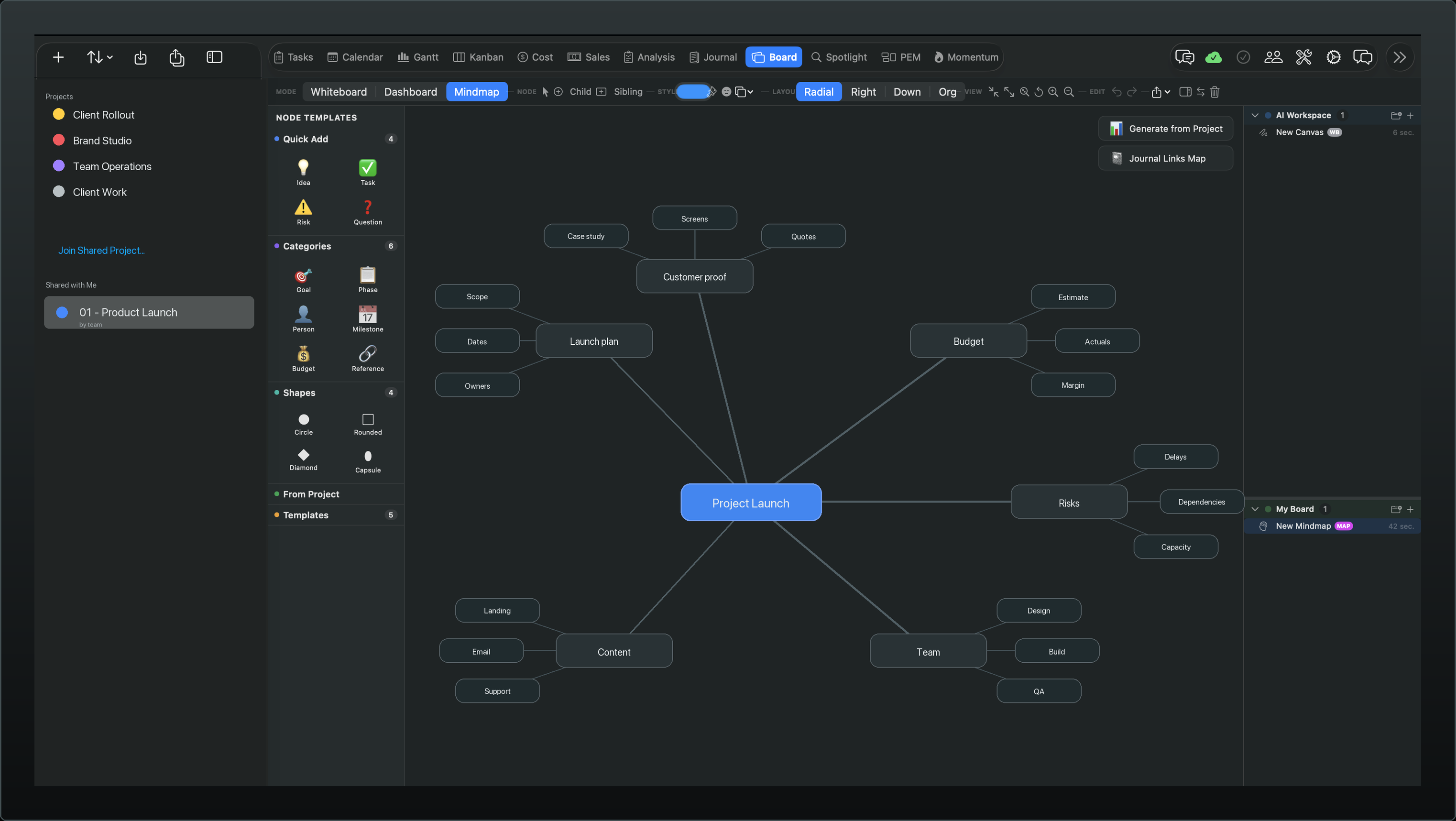 Board Mindmap mode — a radial mind map centered on Project Launch branching to Launch plan, Customer proof, Budget, Risks, Content, and Team, each with child nodes, generated from the project.