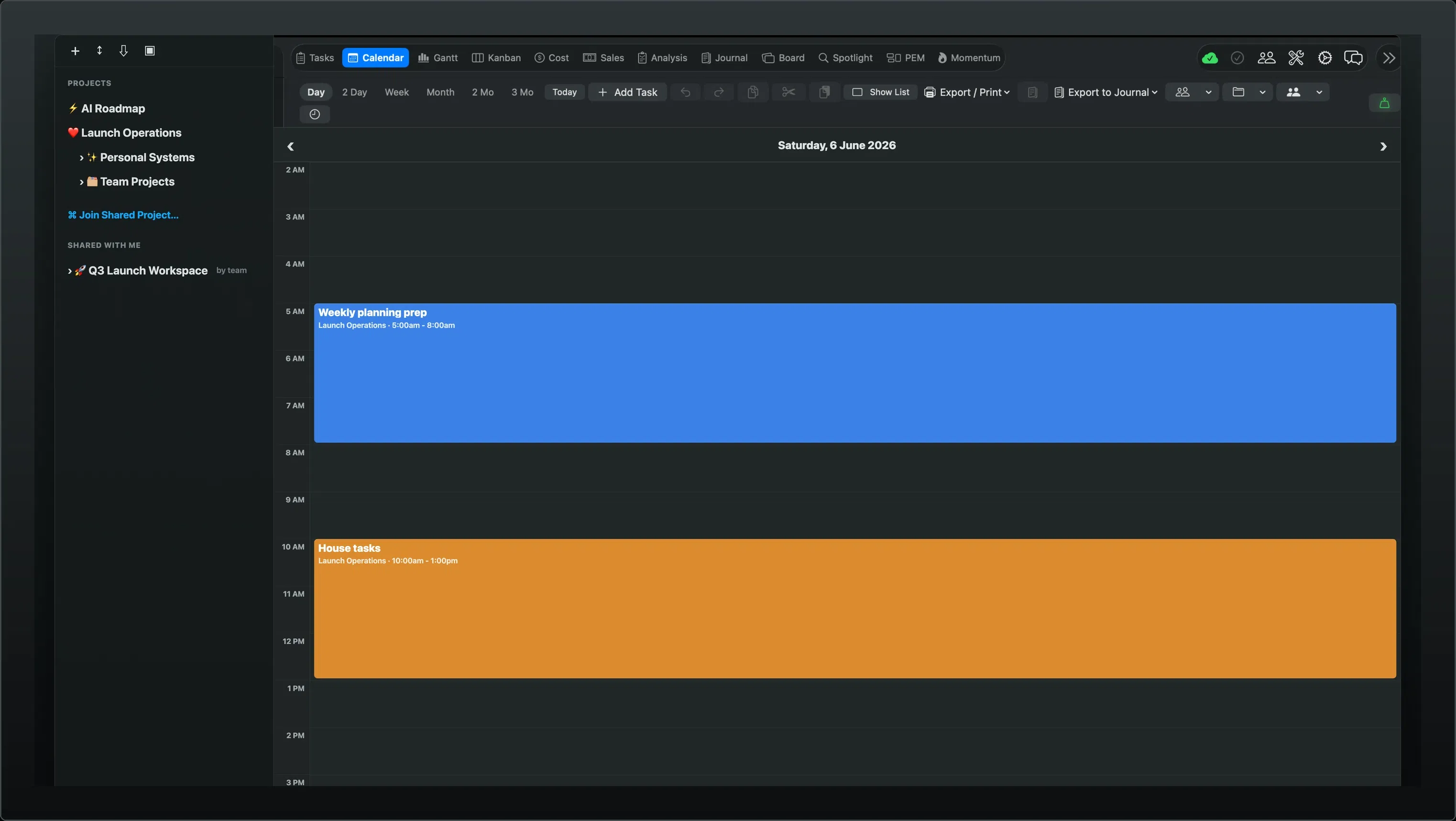 Vantage Plan Calendar cycling through its six views — Day, 2-Day, Week, Month, 2-Month, and 3-Month — with scheduled tasks shown as colored blocks on the days you actually work.