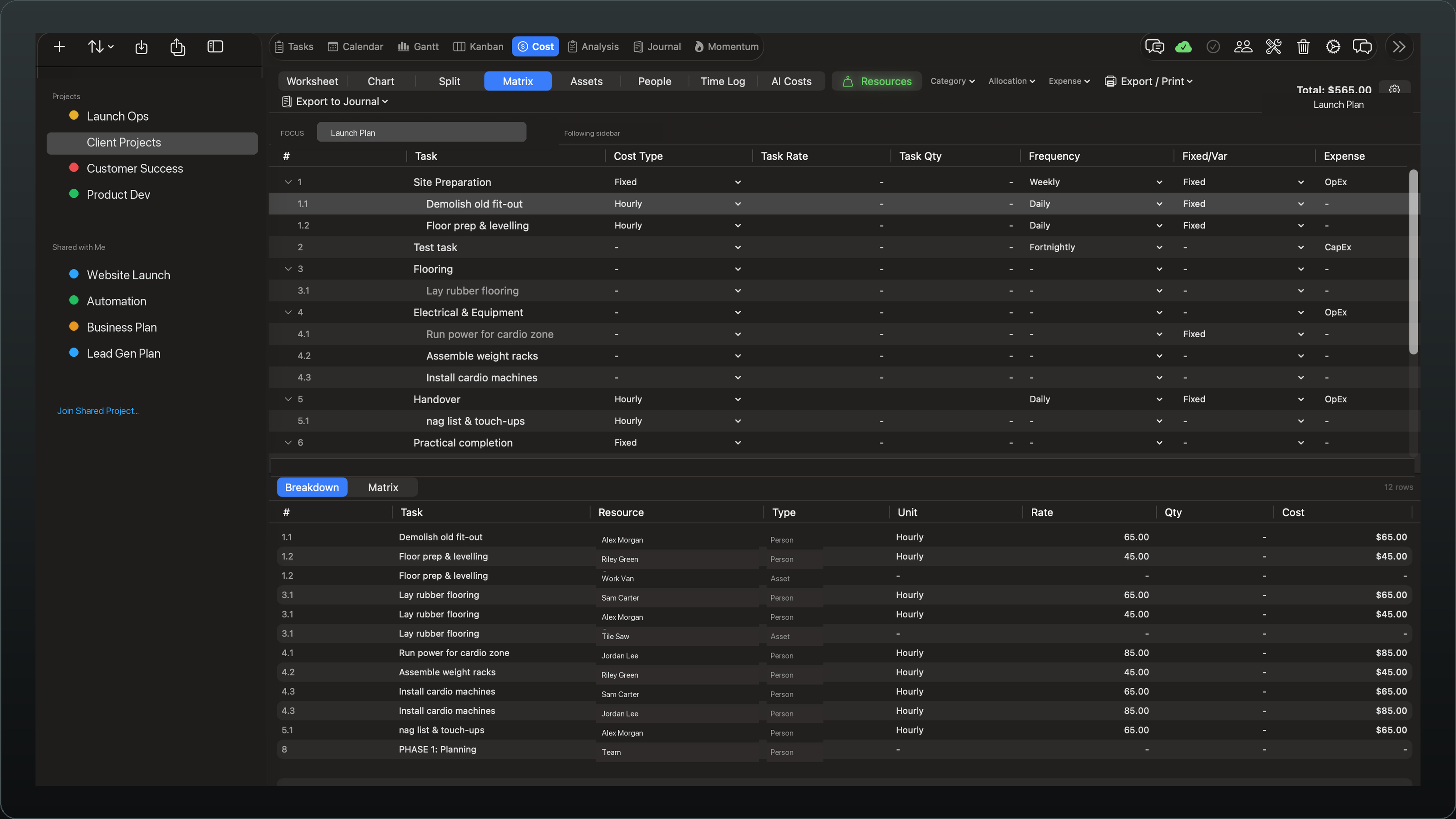 Vantage Plan Cost — the Matrix view. A per-task cost table with cost type, task rate, quantity, frequency, fixed or variable, and CapEx/OpEx expense columns, above a Breakdown table listing every task's resource, type, unit, rate, quantity and cost, with the project total and estimated hours in the status bar.