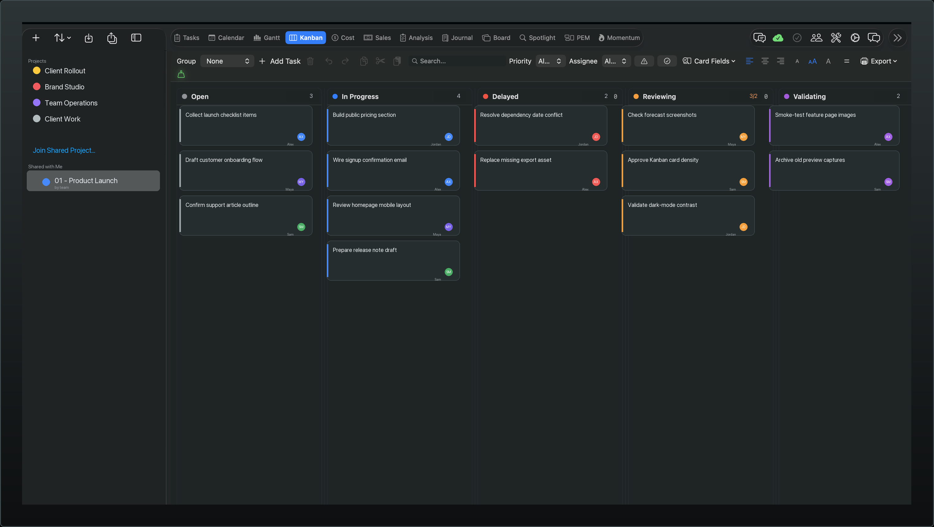 Vantage Plan Kanban board with sanitized demo tasks across Open, In Progress, Delayed, Reviewing, and Validating columns, showing simple task cards, assignee avatars, and column counts.