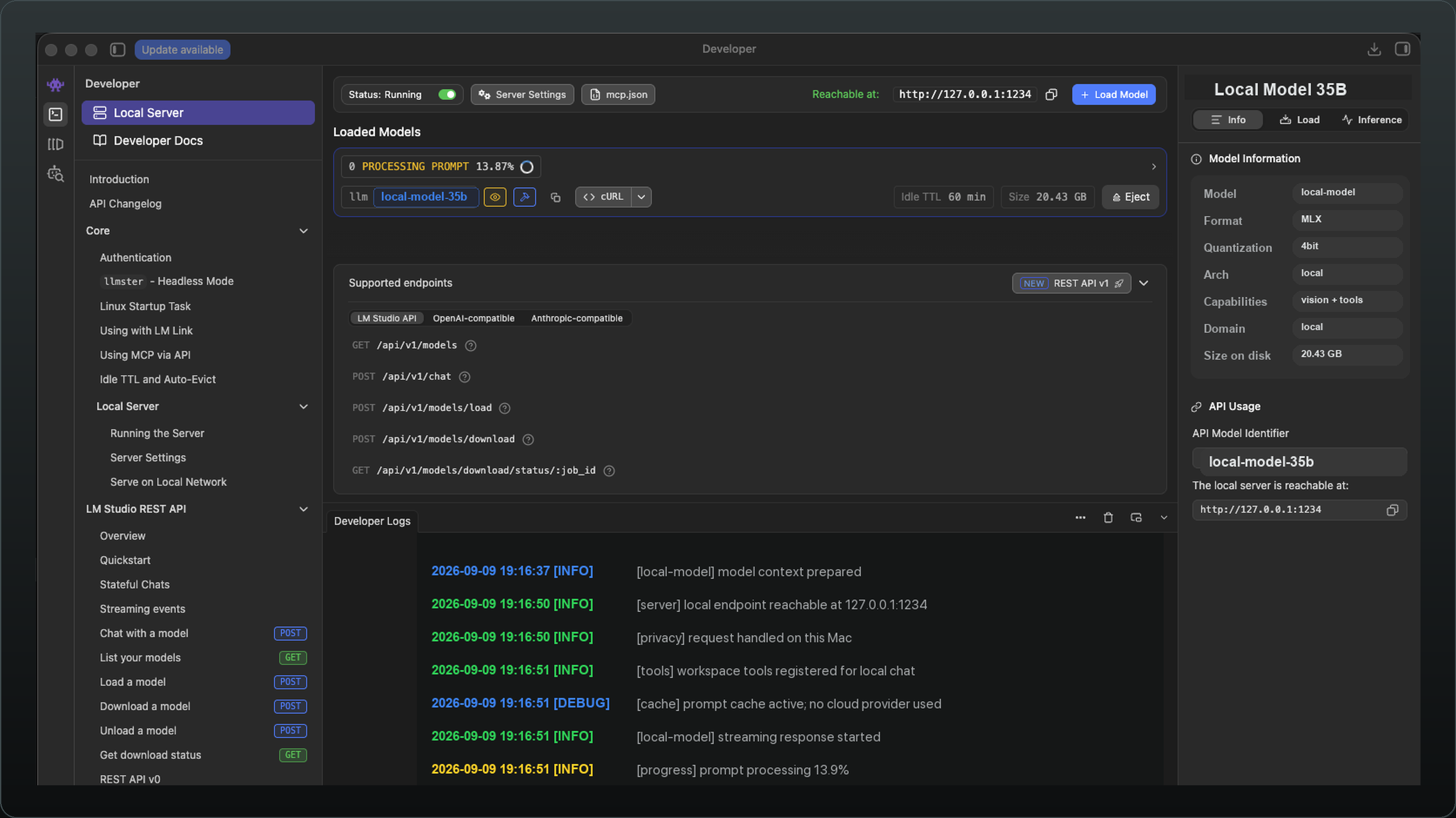 LM Studio running a local model on the same Mac: the Local Server tab shows Status Running and the model reachable at http://127.0.0.1:1234, a loaded 4-bit MLX model processing a prompt, the LM Studio, OpenAI-compatible and Anthropic-compatible endpoints it exposes, and a developer log noting the request was handled on this Mac with no cloud provider used.