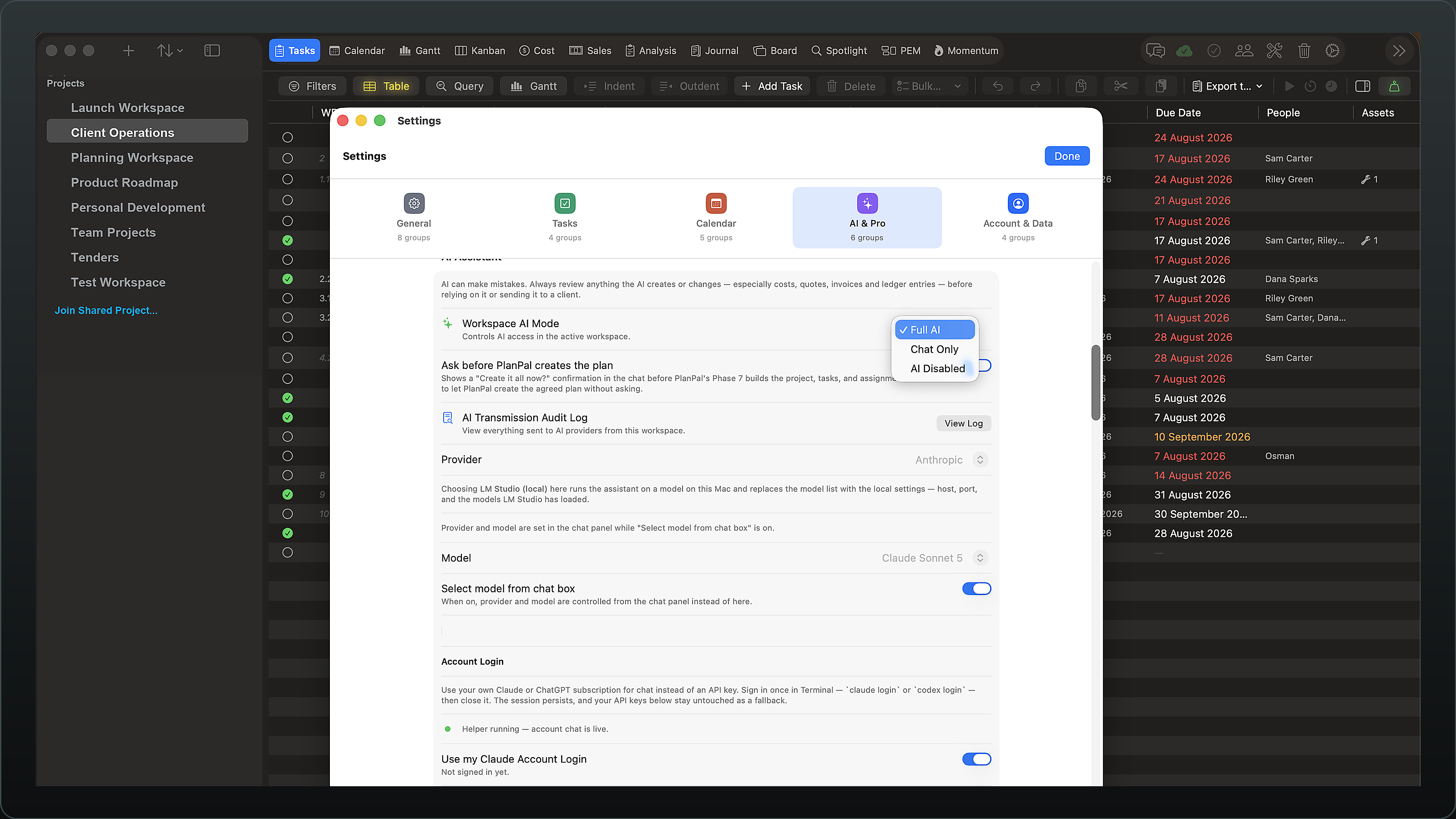 Vantage Plan Settings, AI & Pro panel: the Workspace AI Mode menu open on Full AI, Chat Only and AI Disabled; the AI Transmission Audit Log with a View Log button showing everything sent to AI providers from this workspace; and the provider and model pickers, with a note that choosing LM Studio (local) runs the assistant on a model on this Mac.