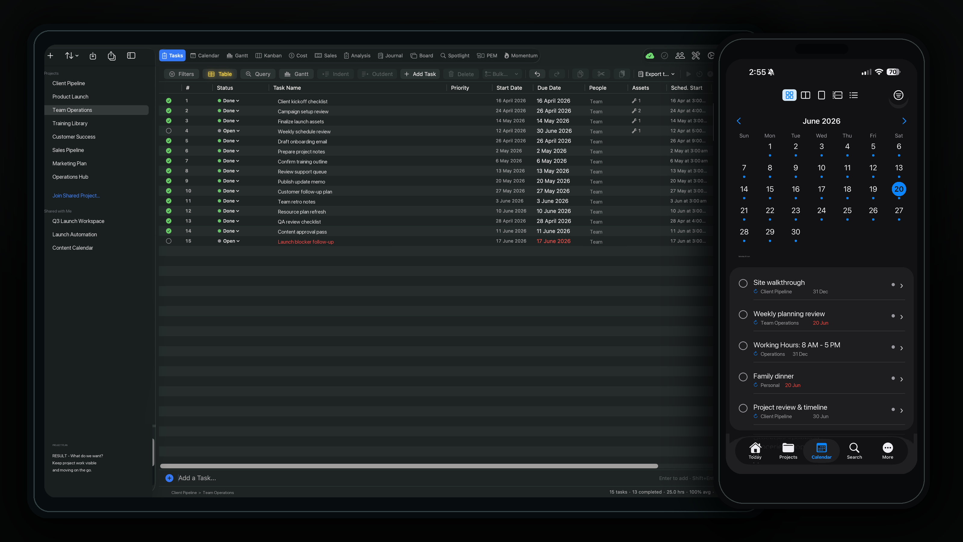 Vantage Plan on Mac and iPhone — the Mac showing a project task table with status, dates, people and assets across a list of projects, with the iPhone in front showing the month Calendar for June 2026 and a day's task list (site walkthrough, weekly planning review, working hours, family dinner, project review).