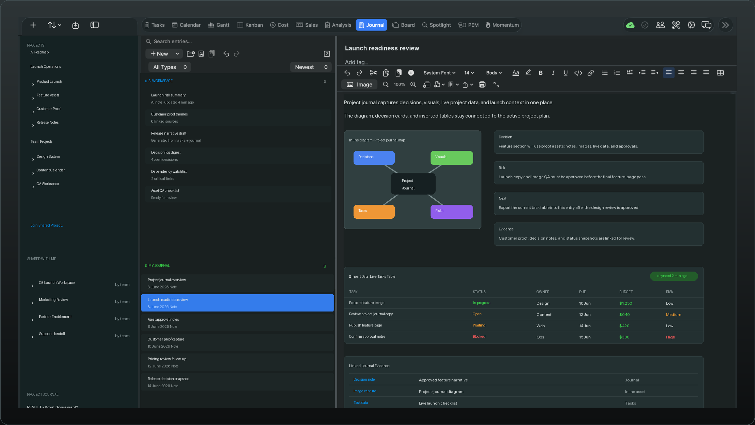 Project Journal — a journal entry titled Launch readiness review with an inline project-journal diagram, Decision / Risk / Next / Evidence note cards, and an Insert Data live tasks table showing task, status, owner, due, budget, and risk columns synced to the current project.
