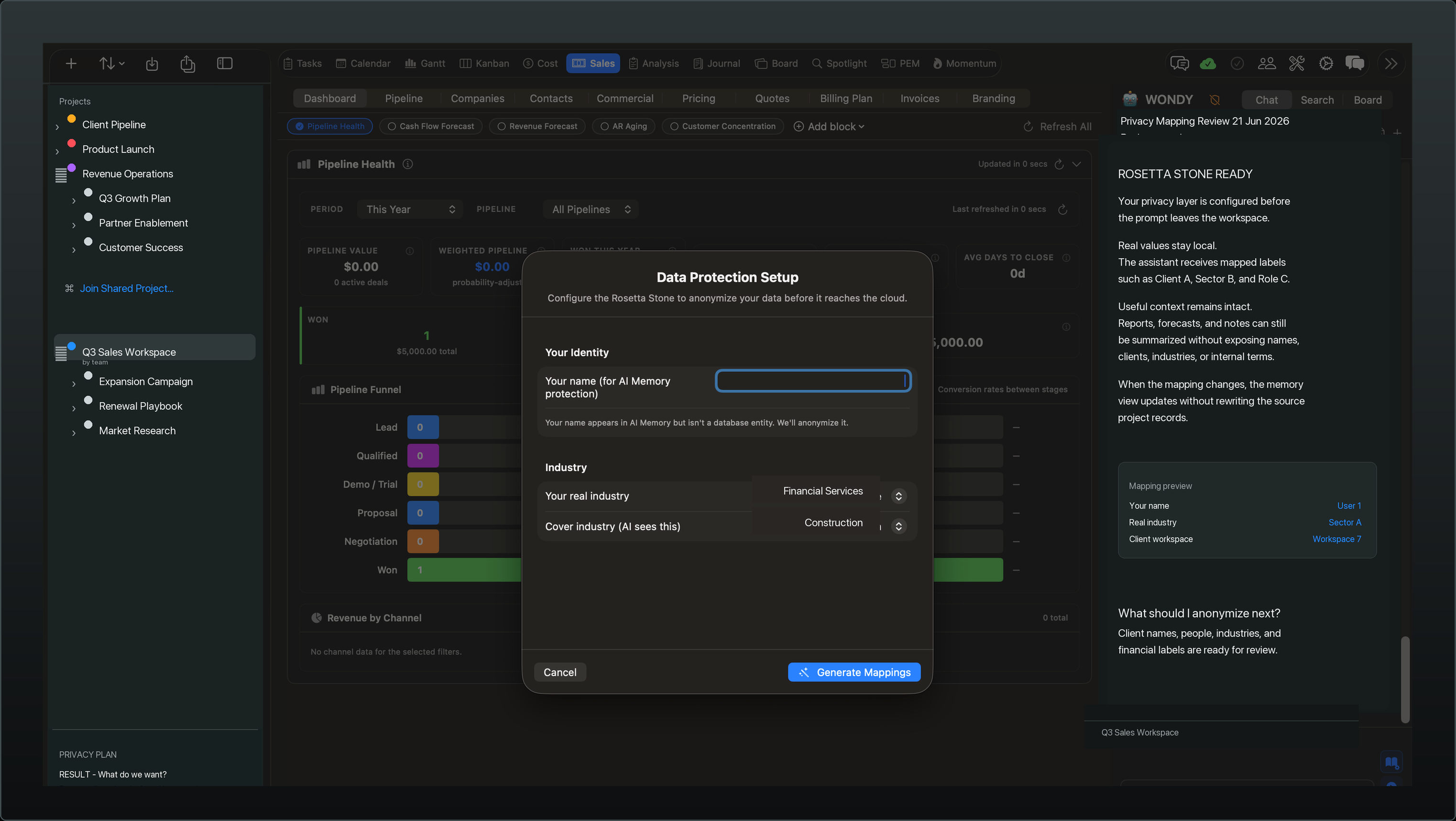 Vantage Plan Data Protection — the Rosetta Stone setup. A Data Protection Setup dialog maps your identity and real industry to anonymized cover labels (Financial Services shown to the AI as Construction), with a live mapping preview turning your name, real industry, and client workspace into User 1, Sector A, and Workspace 7 before any prompt leaves the workspace.