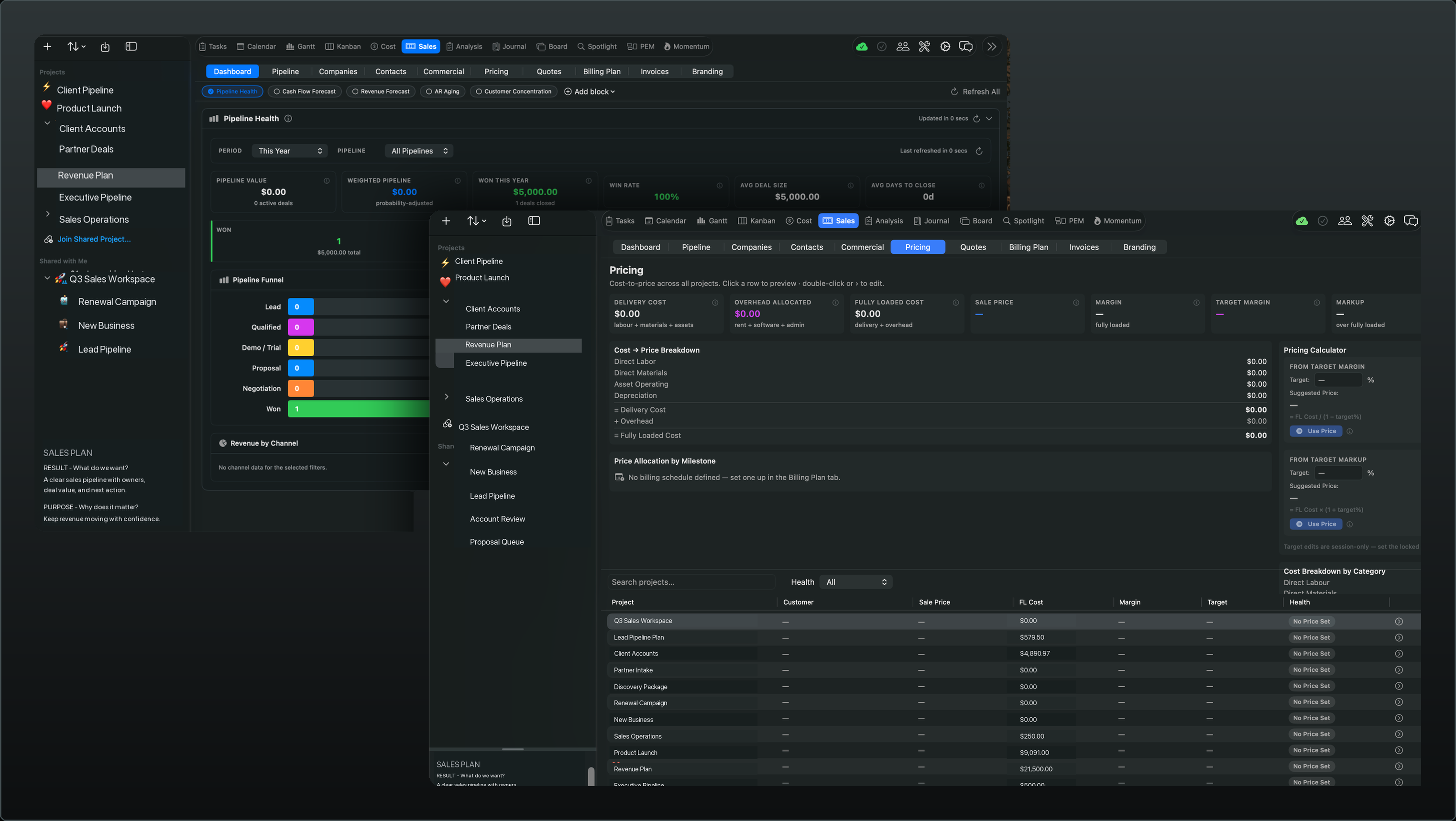 Vantage Plan Sales & CRM — the Pipeline Health dashboard (pipeline value, win rate, and a Lead → Qualified → Demo → Proposal → Negotiation → Won funnel) behind the Pricing view (cost-to-price breakdown, target-margin and target-markup calculators, and a per-project table of sale price, fully loaded cost, margin, and health).