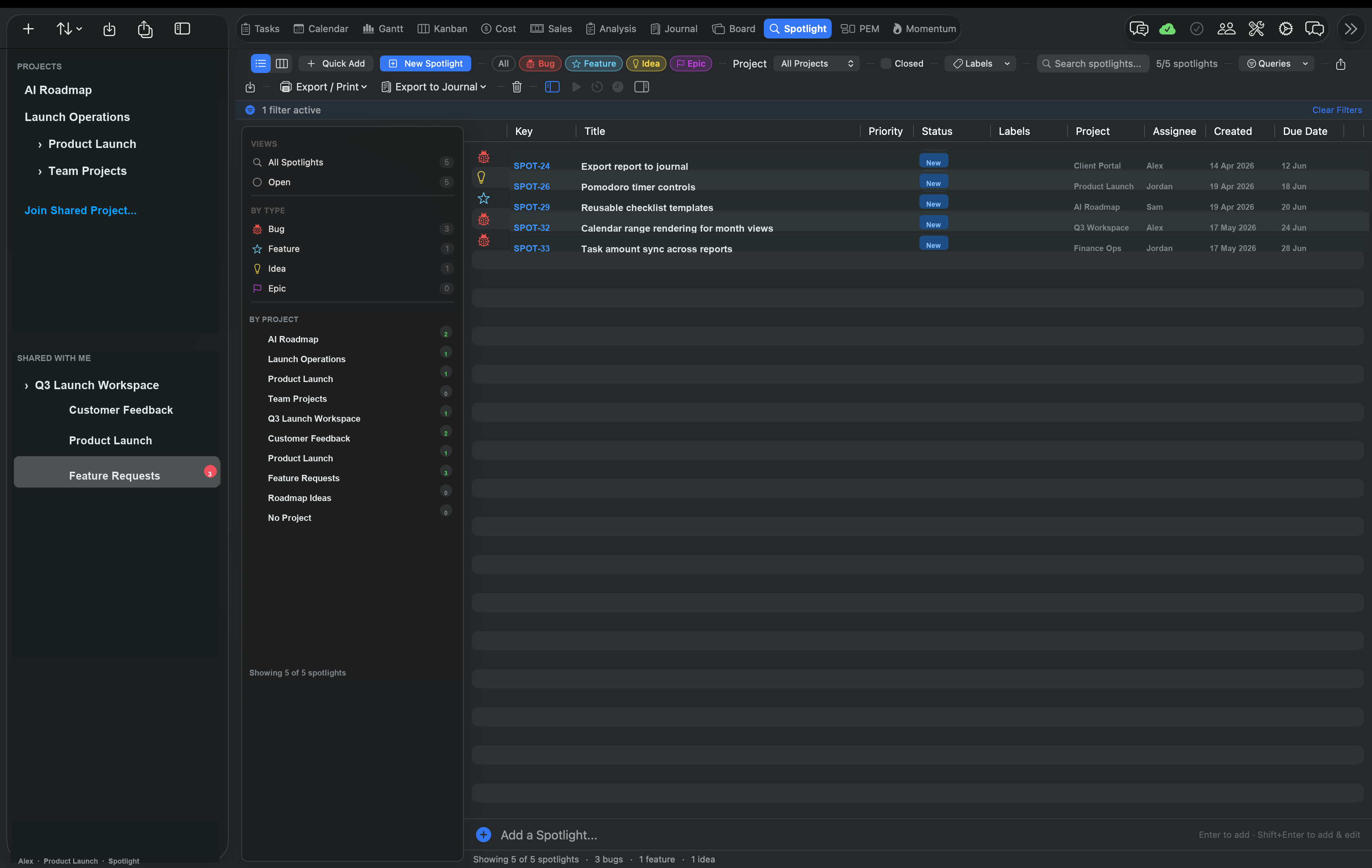 Vantage Plan Spotlight — a list of spotlight items (bugs, features, ideas) with key, title, status, project, assignee, created and due-date columns, and a sidebar of saved views grouped by type and by project.