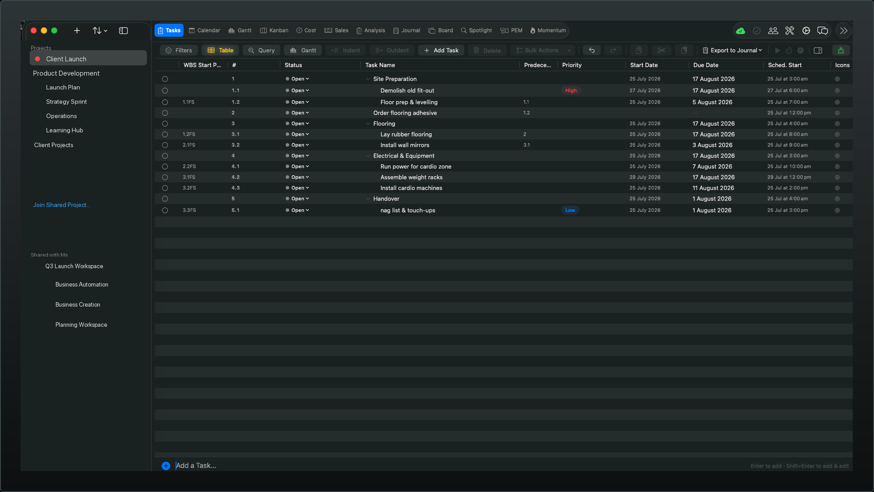 Vantage Plan Tasks — the table view listing tasks by WBS number with status, task name, predecessors, priority, start and due dates, and scheduled start, every field editable inline.