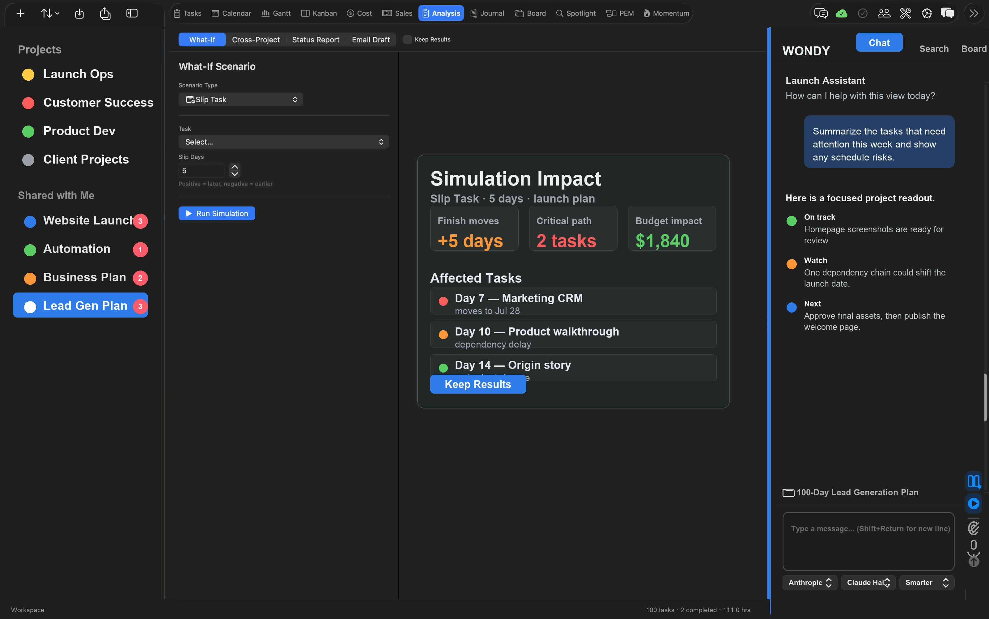 Vantage Plan Analysis view