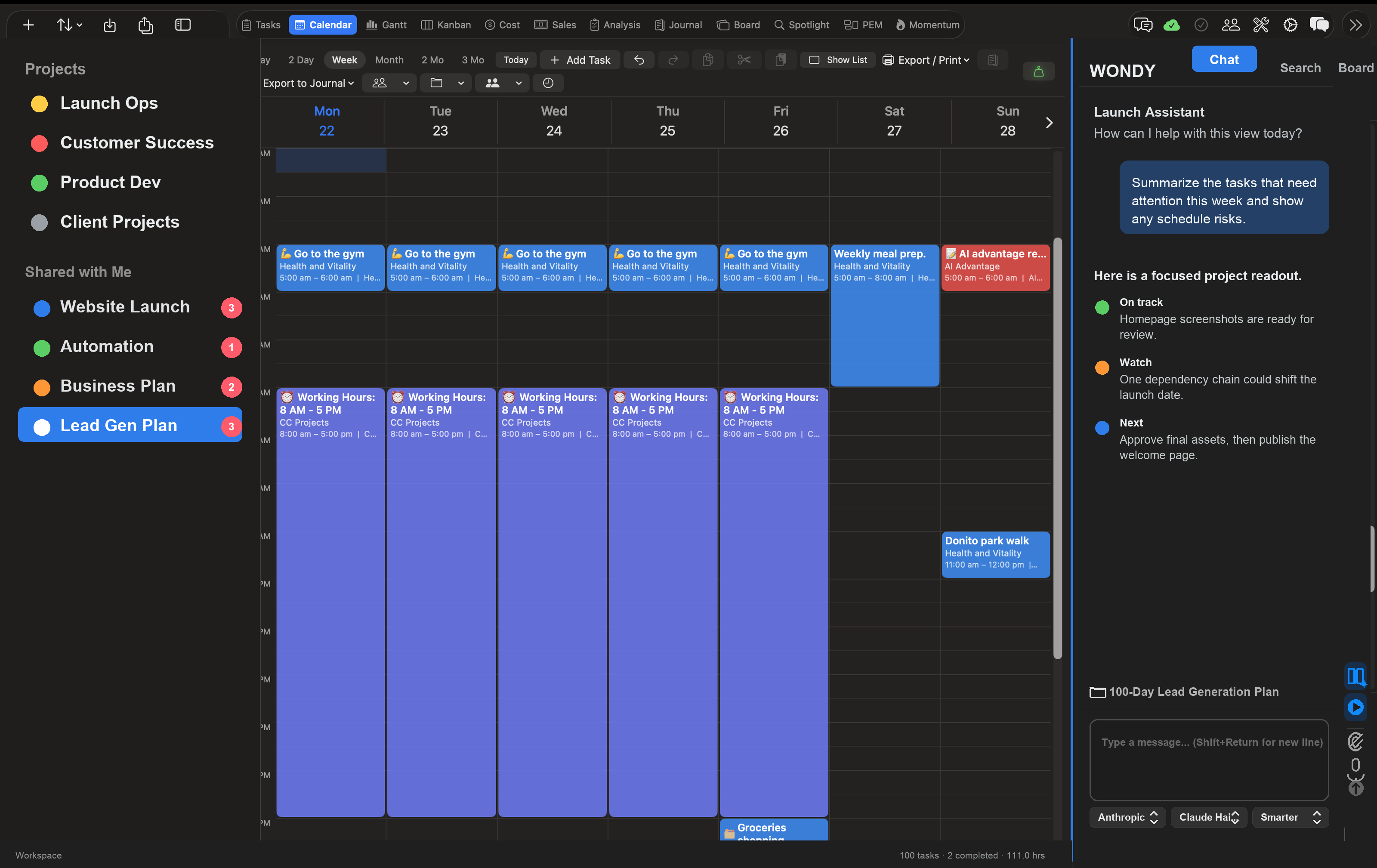 Vantage Plan Calendar view