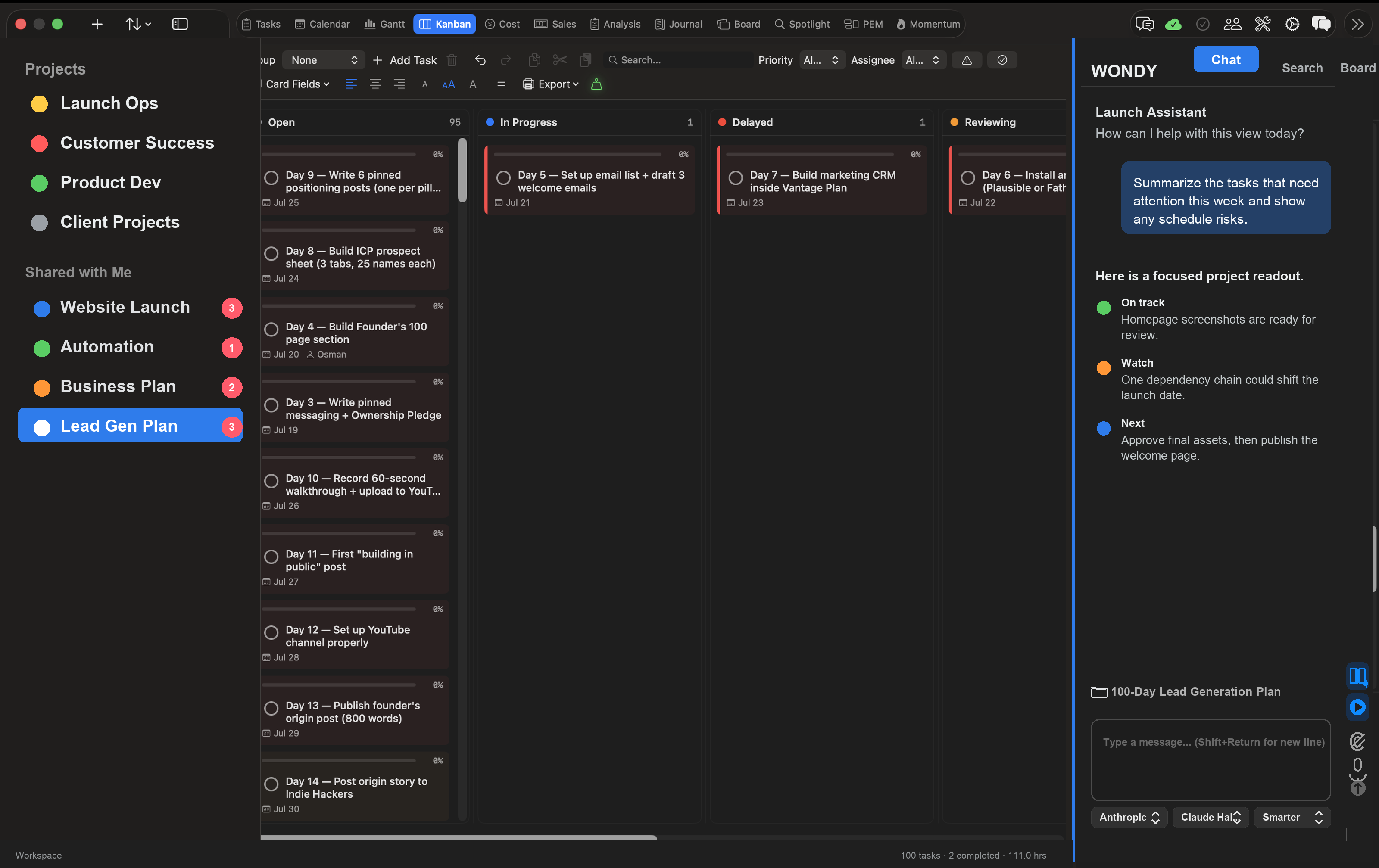 Vantage Plan Kanban view