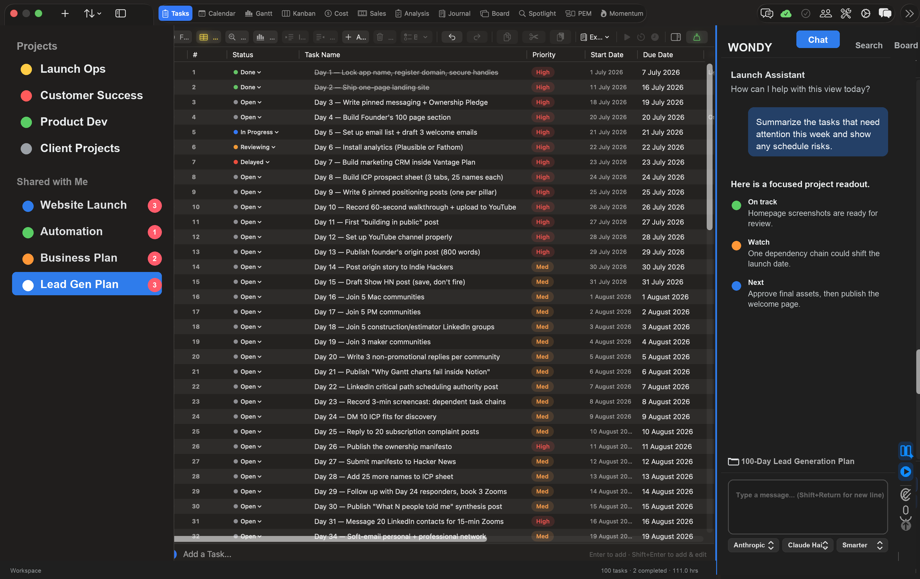 Vantage Plan Tasks view