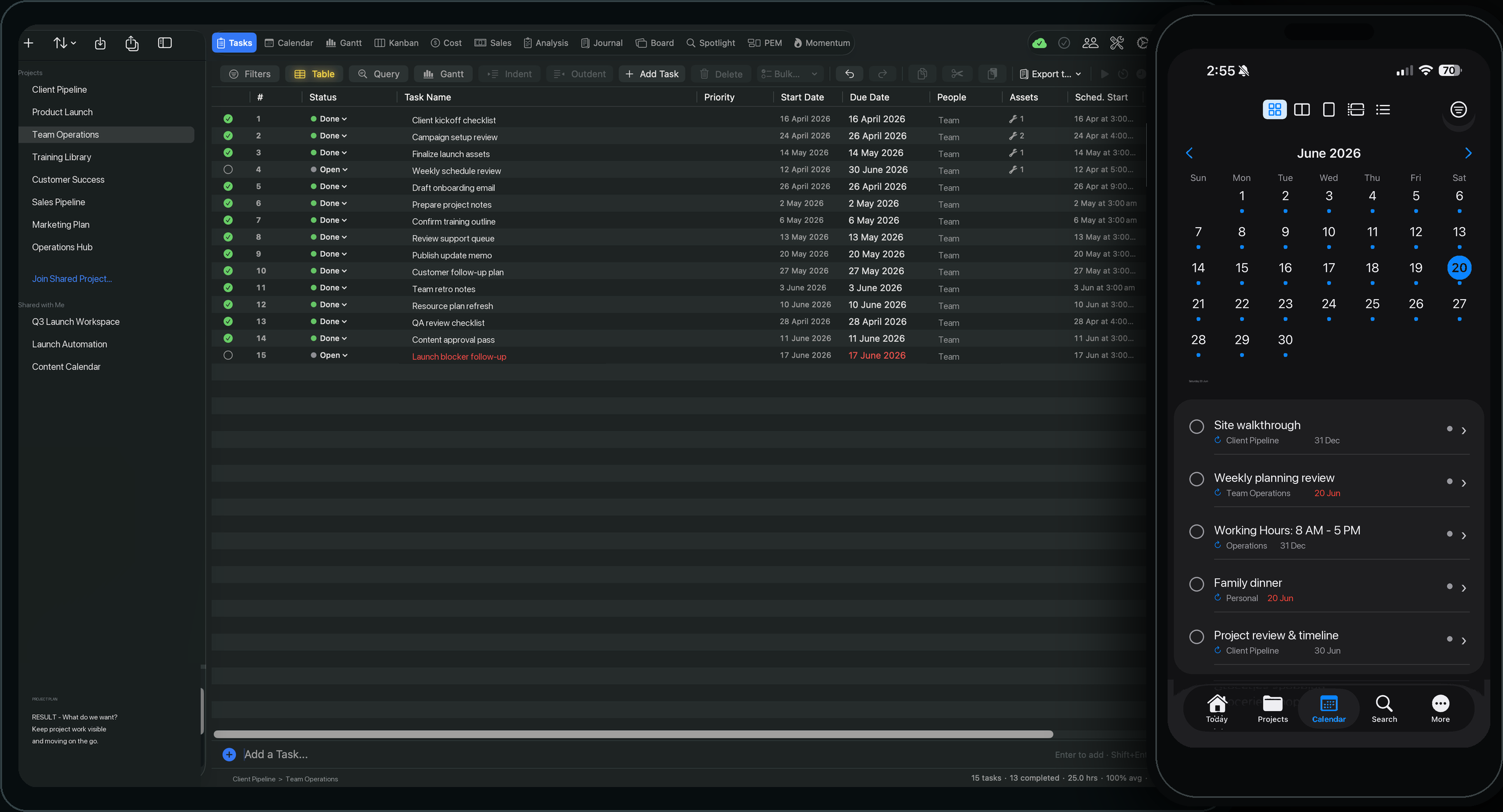 Vantage Plan Tasks on Mac beside the Calendar on iPhone