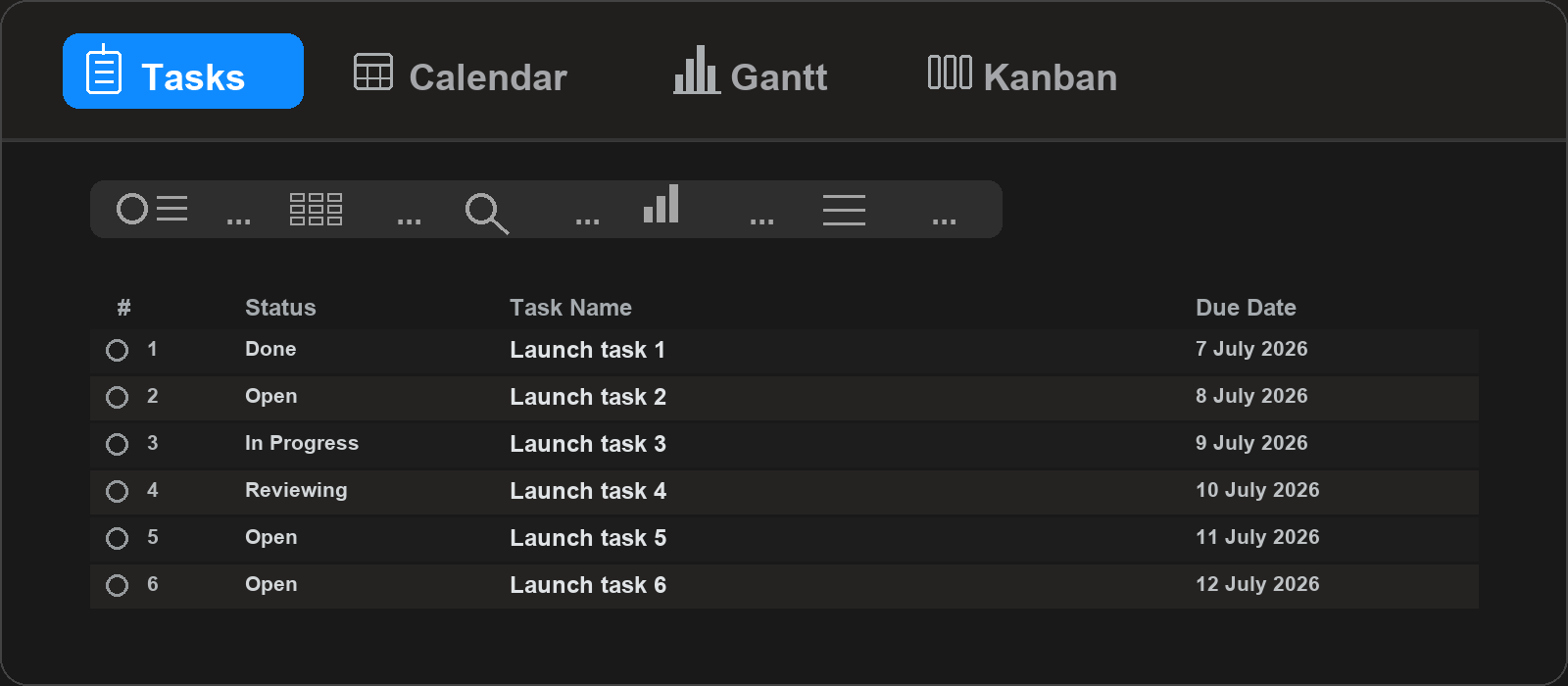 Vantage Plan switching between Tasks, Calendar, Gantt, and Kanban views, with each selected tab highlighted in blue