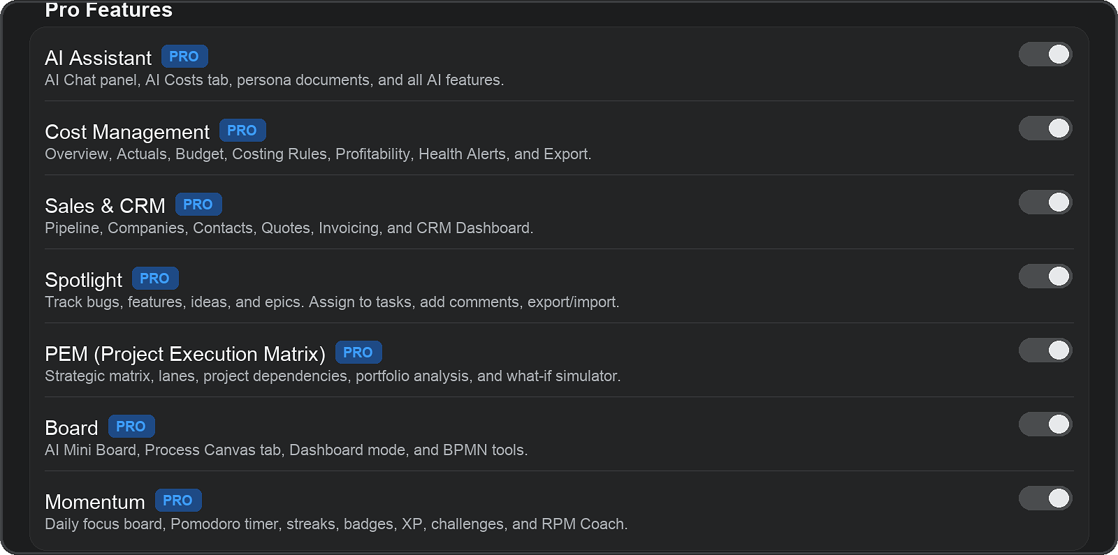 Vantage Plan Pro Features — AI Assistant, Cost Management, Sales & CRM, Spotlight, PEM, Board, and Momentum modules